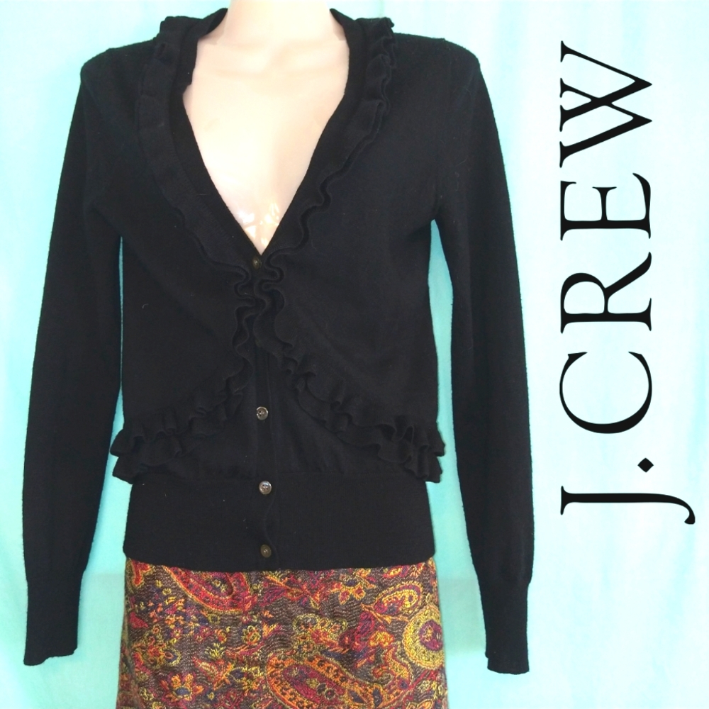 J. Crew black ruffled cardigan Merino wool